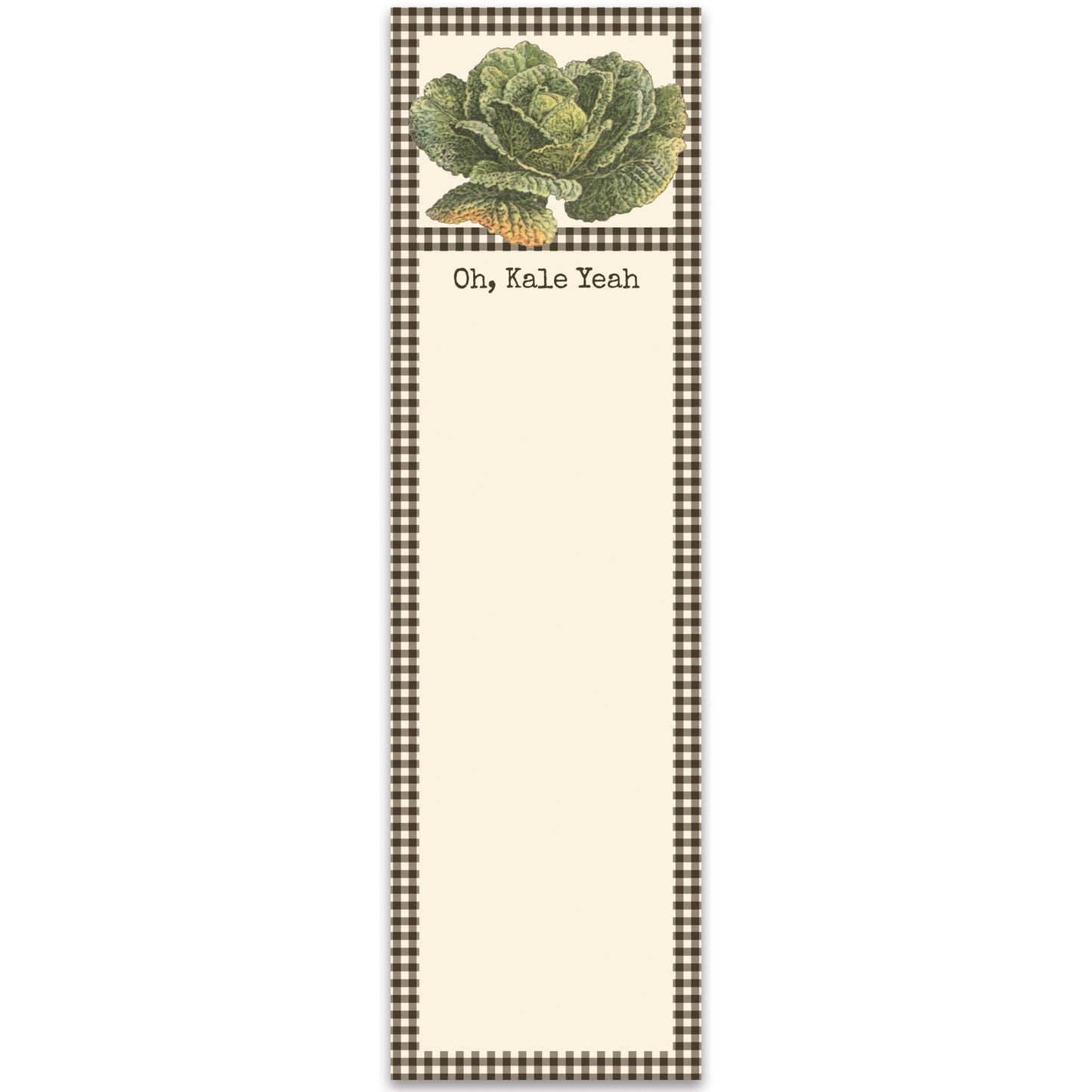 Notepad with a checkered border and illustration of a kale, featuring the text 'Oh, Kale Yeah'.