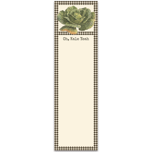 Notepad with a checkered border and illustration of a kale, featuring the text 'Oh, Kale Yeah'.