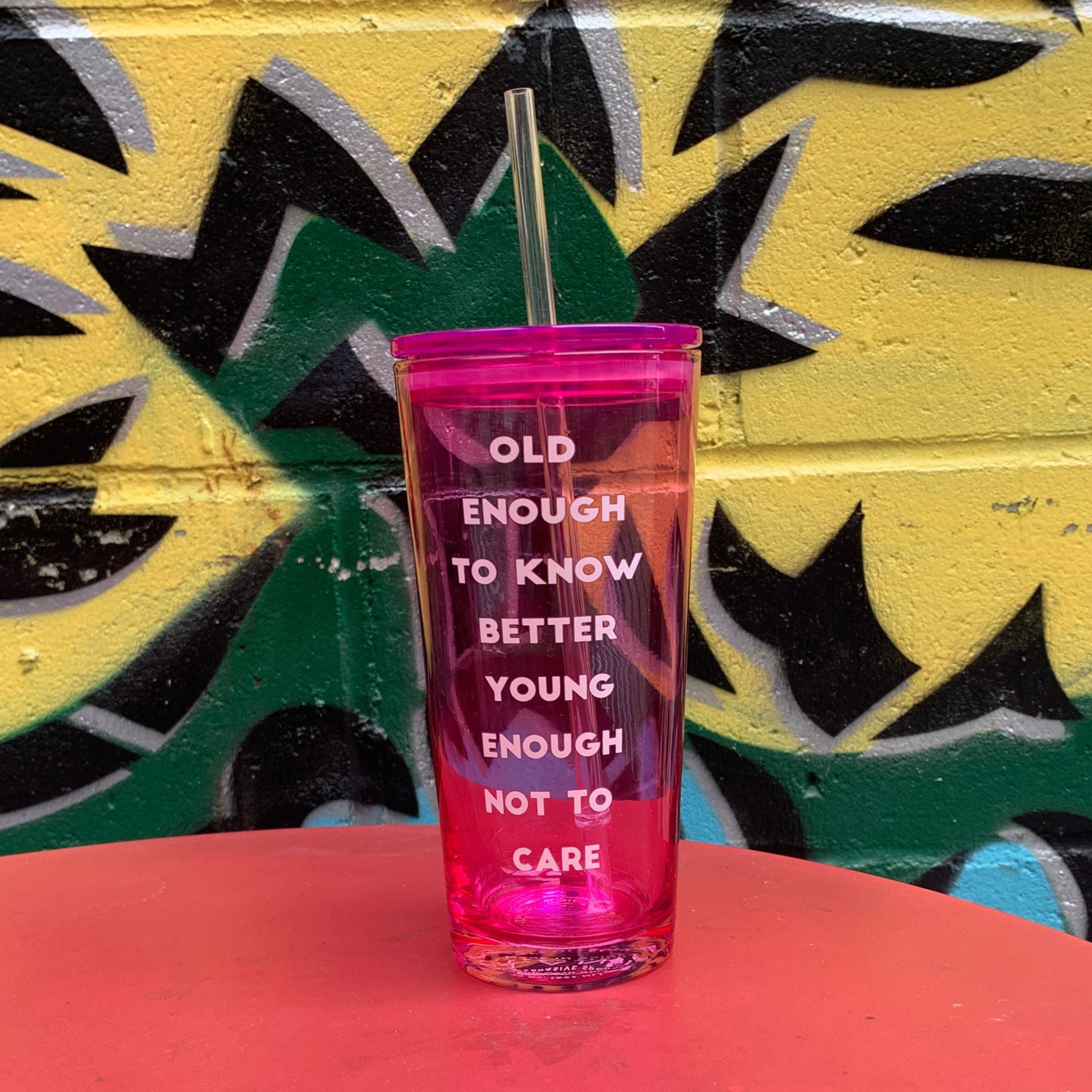 Old Enough To Know Better Young Enough Not To Care Glass Tumbler with Straw | Iced Beverages Drinkware | 3.34" x 9.25"