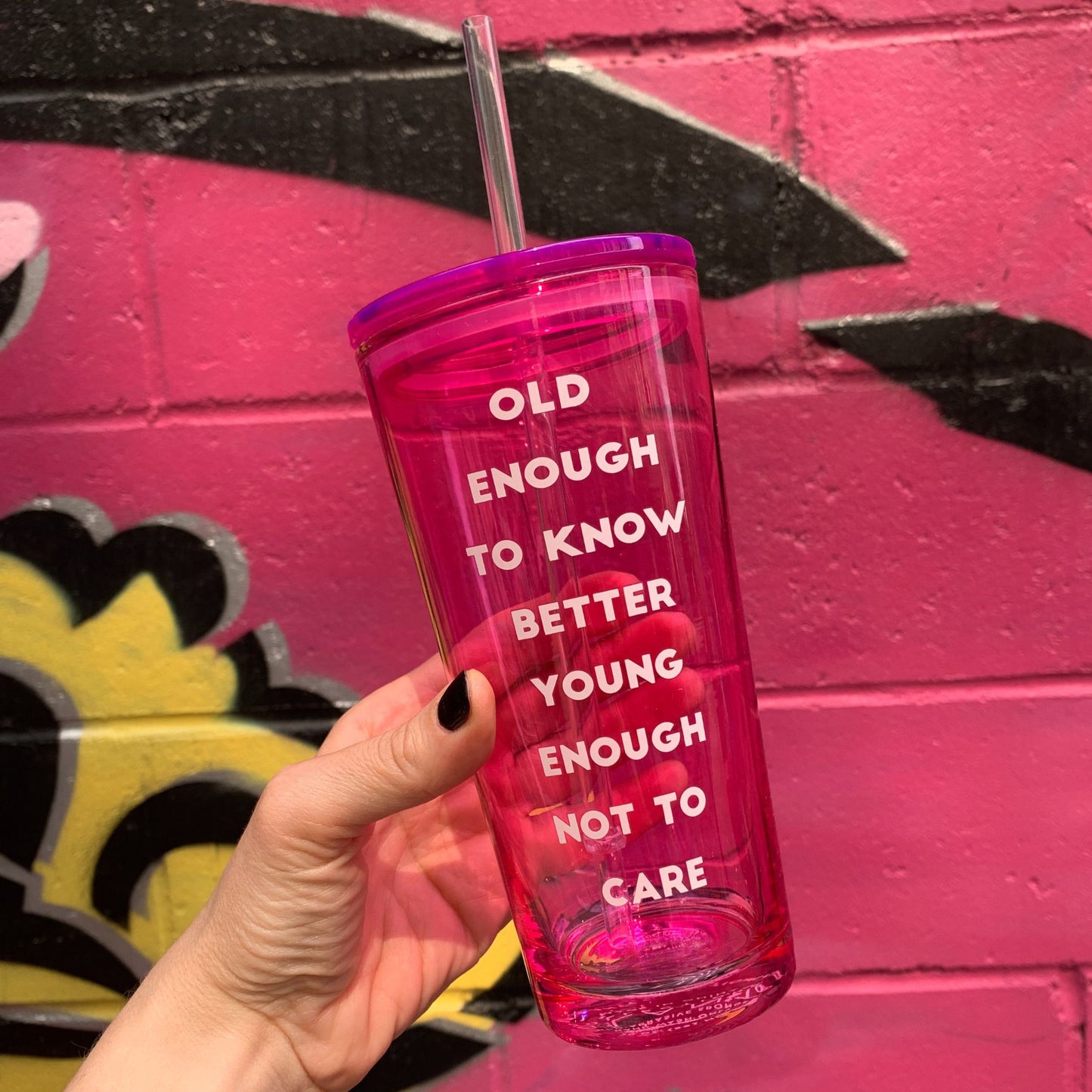 Old Enough To Know Better Young Enough Not To Care Glass Tumbler with Straw | Iced Beverages Drinkware | 3.34" x 9.25"