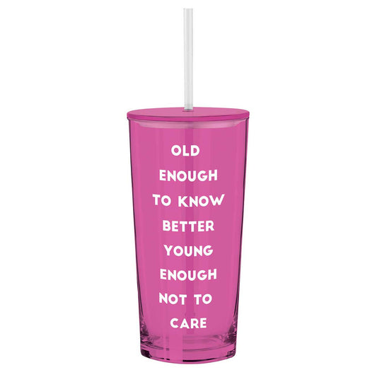 Old Enough To Know Better Young Enough Not To Care Glass Tumbler with Straw | Iced Beverages Drinkware | 3.34" x 9.25"