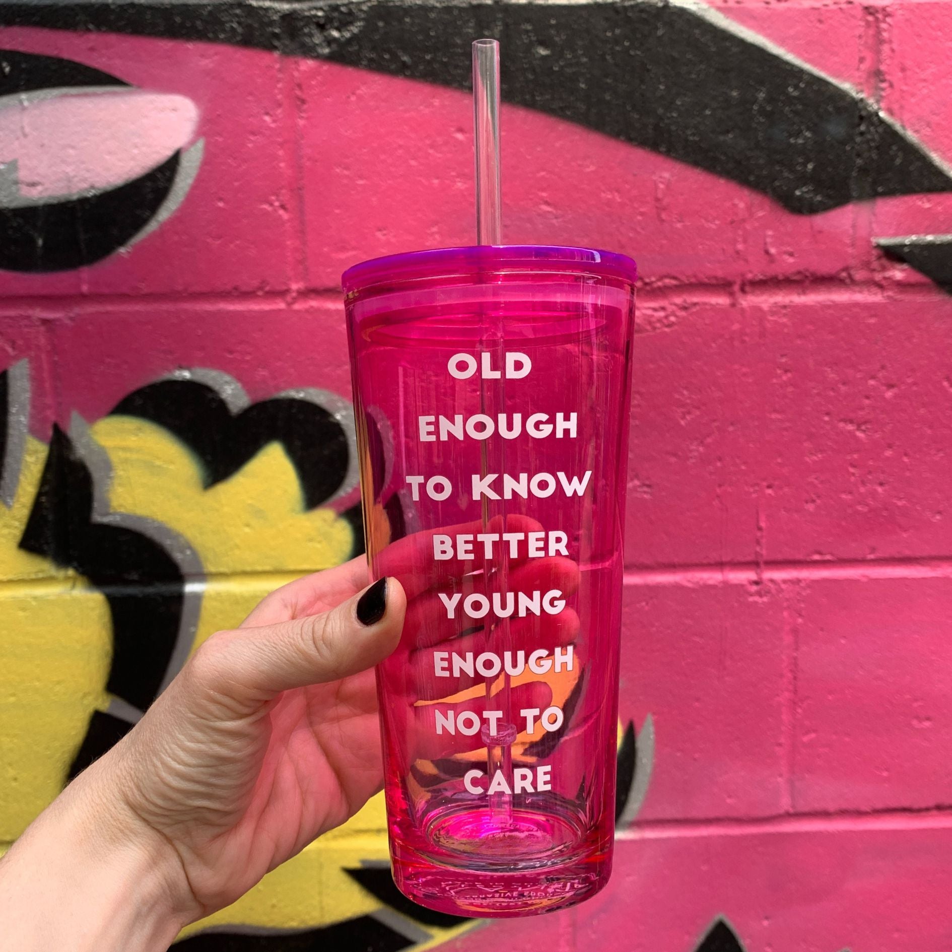 Old Enough To Know Better Young Enough Not To Care Glass Tumbler with Straw | Iced Beverages Drinkware | 3.34" x 9.25"