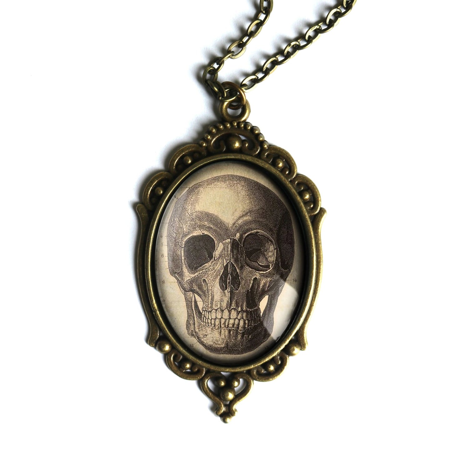 Old Skull Ornate Oval Pendant Necklace | Handmade in the US