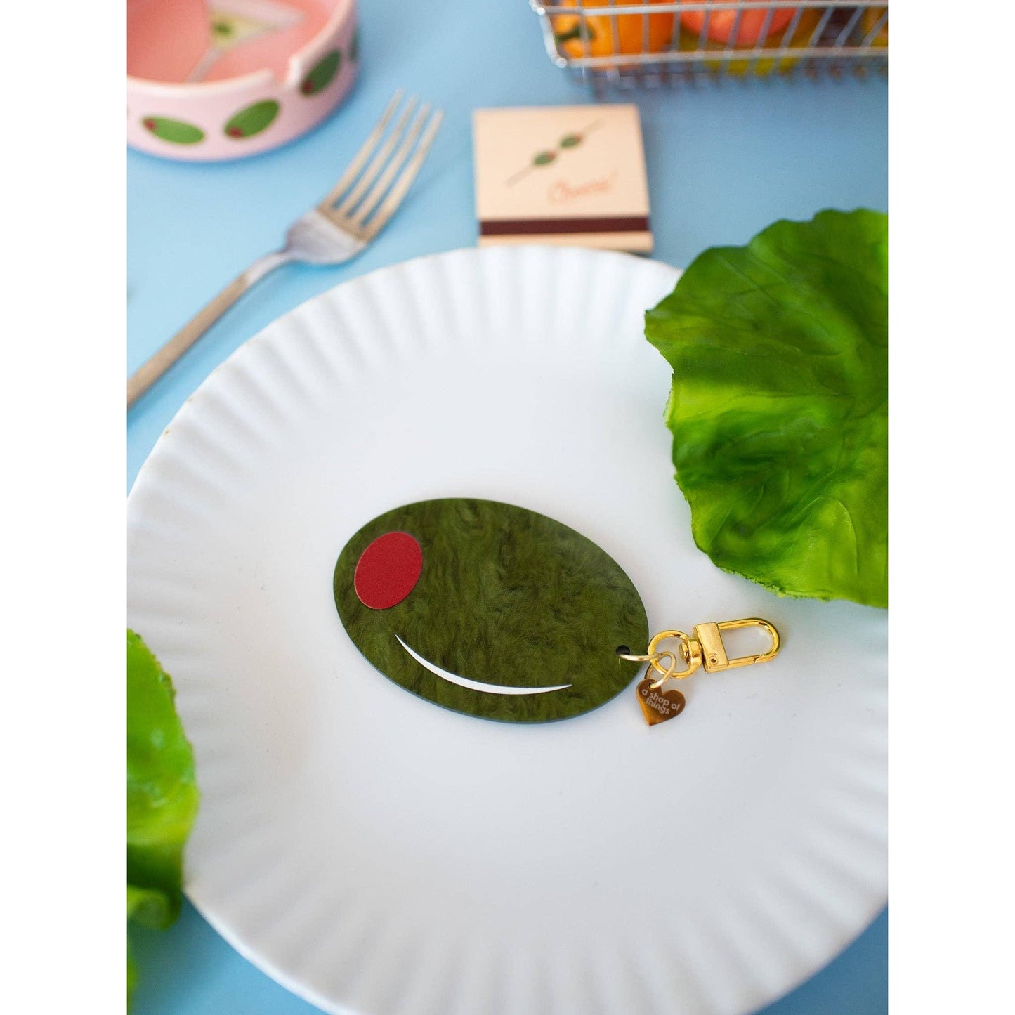 Olive Keychain Marbled Acetate Green Olive Keyring with Gold Clasp