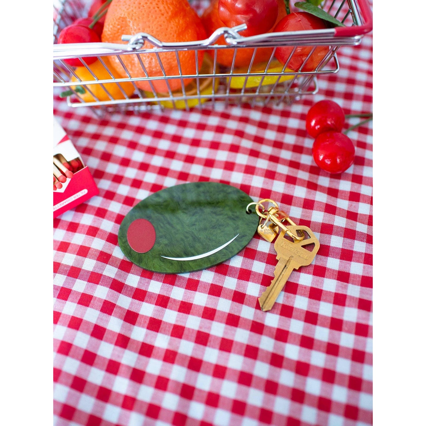 Olive Keychain Marbled Acetate Green Olive Keyring with Gold Clasp