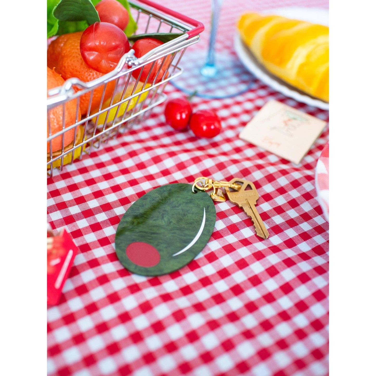 Olive Keychain Marbled Acetate Green Olive Keyring with Gold Clasp