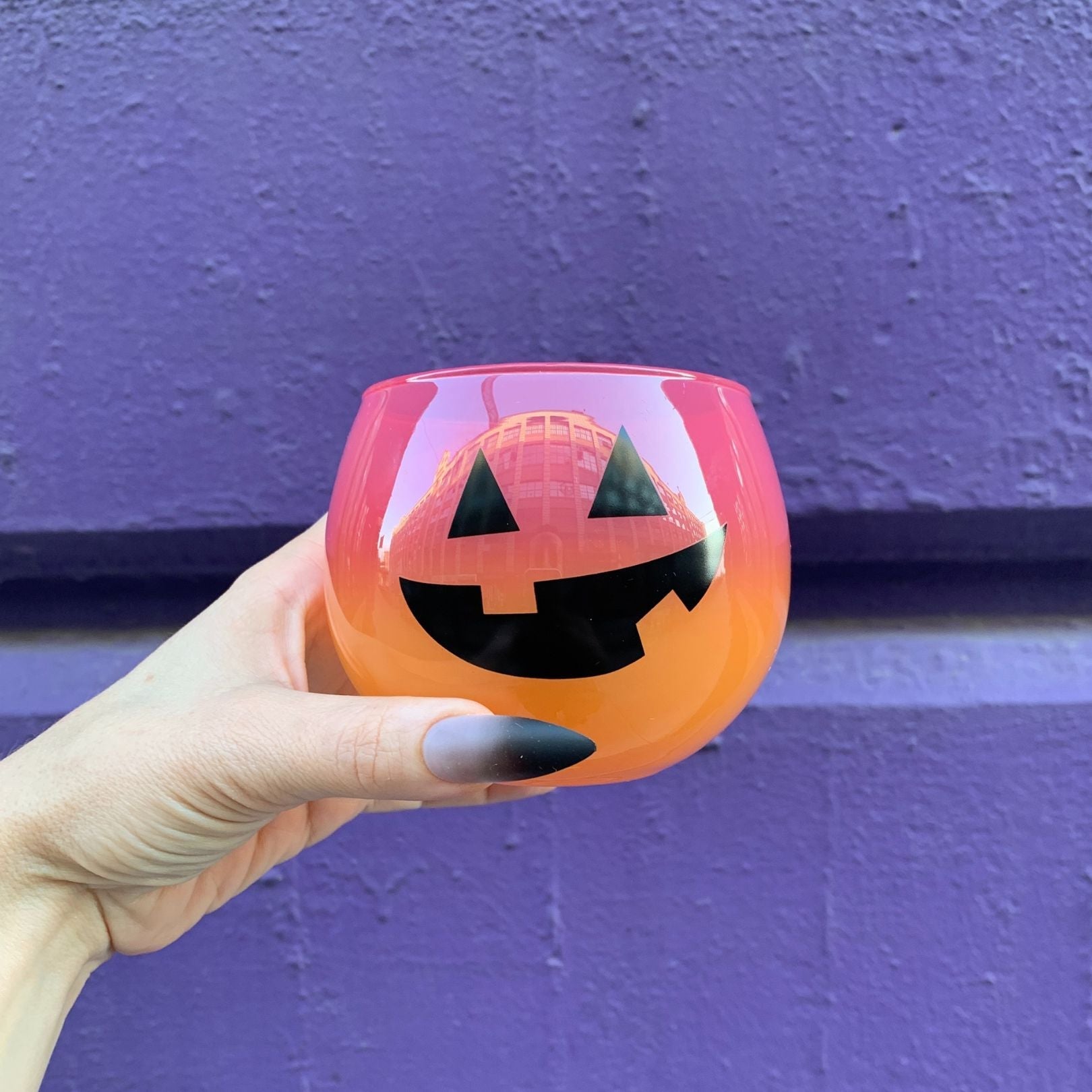 Ombre Jack-O'-Lantern Roly Poly Wine Glass | Pumpkin Spooky Halloween Cocktail Glass | 13 oz.