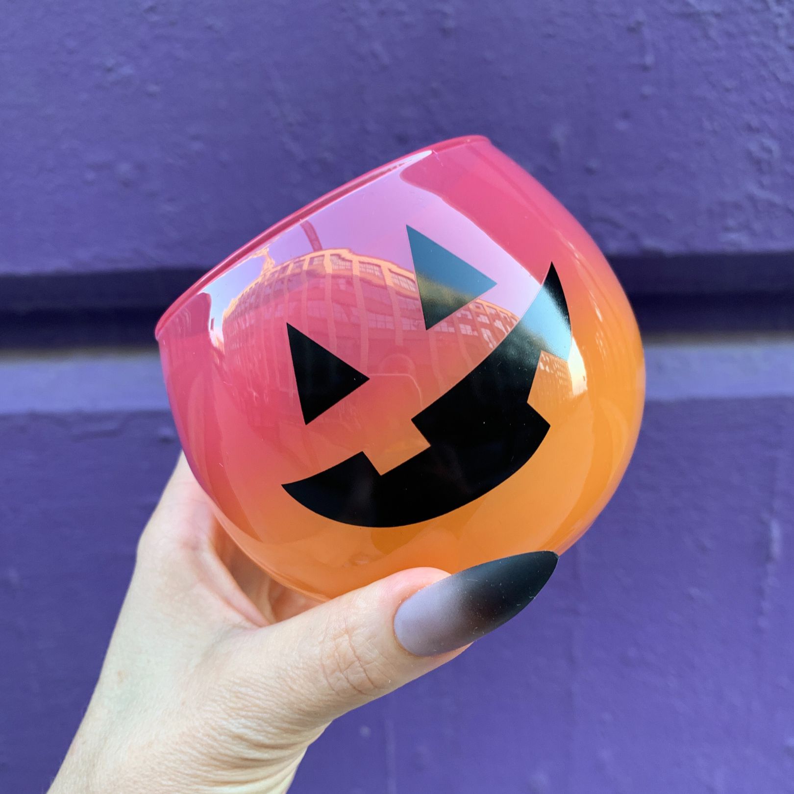 Ombre Jack-O'-Lantern Roly Poly Wine Glass | Pumpkin Spooky Halloween Cocktail Glass | 13 oz.