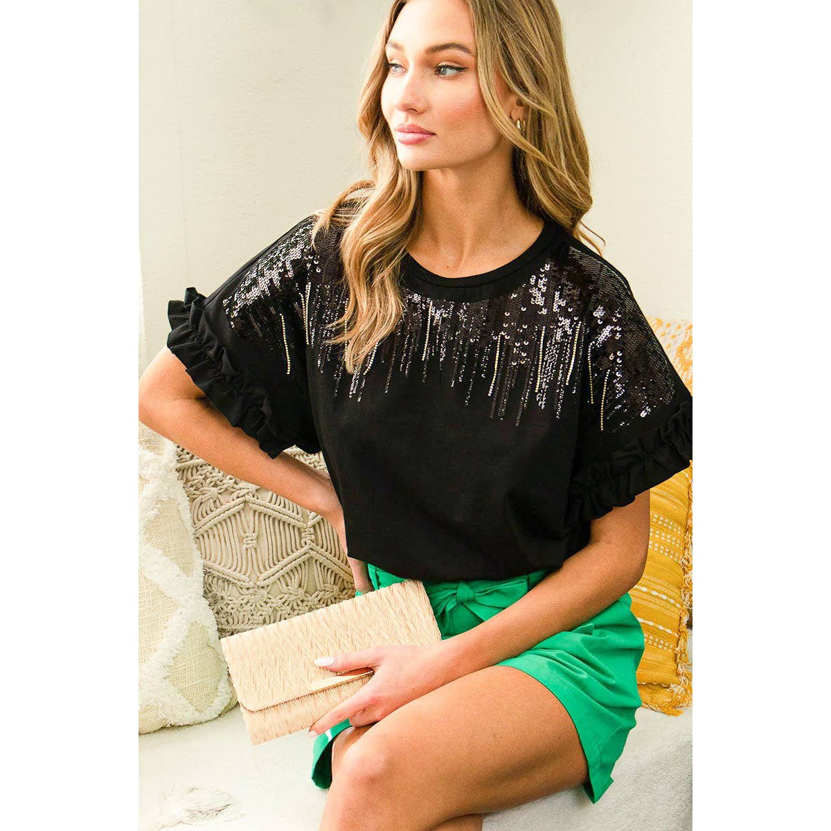 Ombre Sequin & Rhinestone Cotton Knit Top With Ruffle [Available in Sizes SM-L]