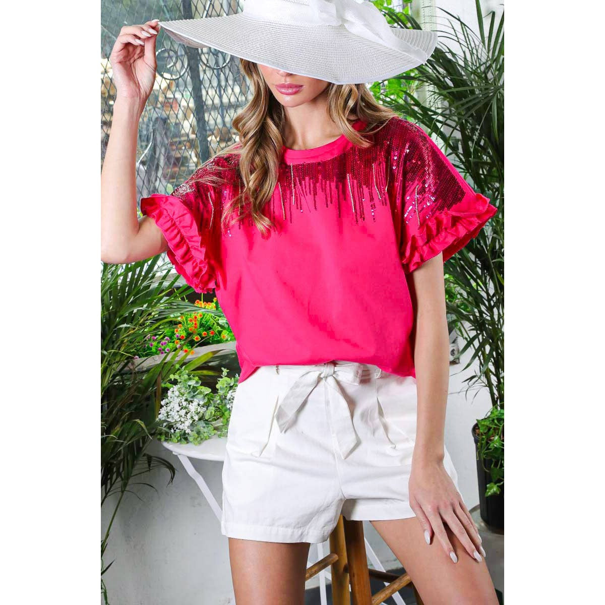 Ombre Sequin & Rhinestone Cotton Knit Top With Ruffle [Available in Sizes SM-L]