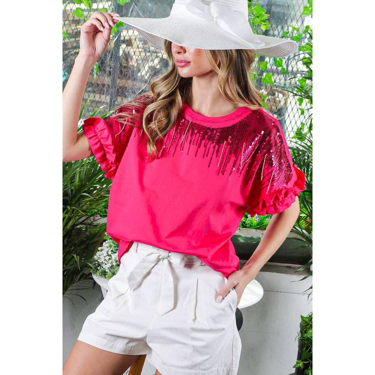 Ombre Sequin & Rhinestone Cotton Knit Top With Ruffle [Available in Sizes SM-L]