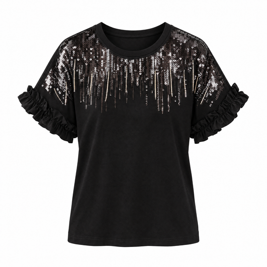 Ombre Sequin & Rhinestone Cotton Knit Top With Ruffle [Available in Sizes SM-L]-Vine & Love-The Bullish Store