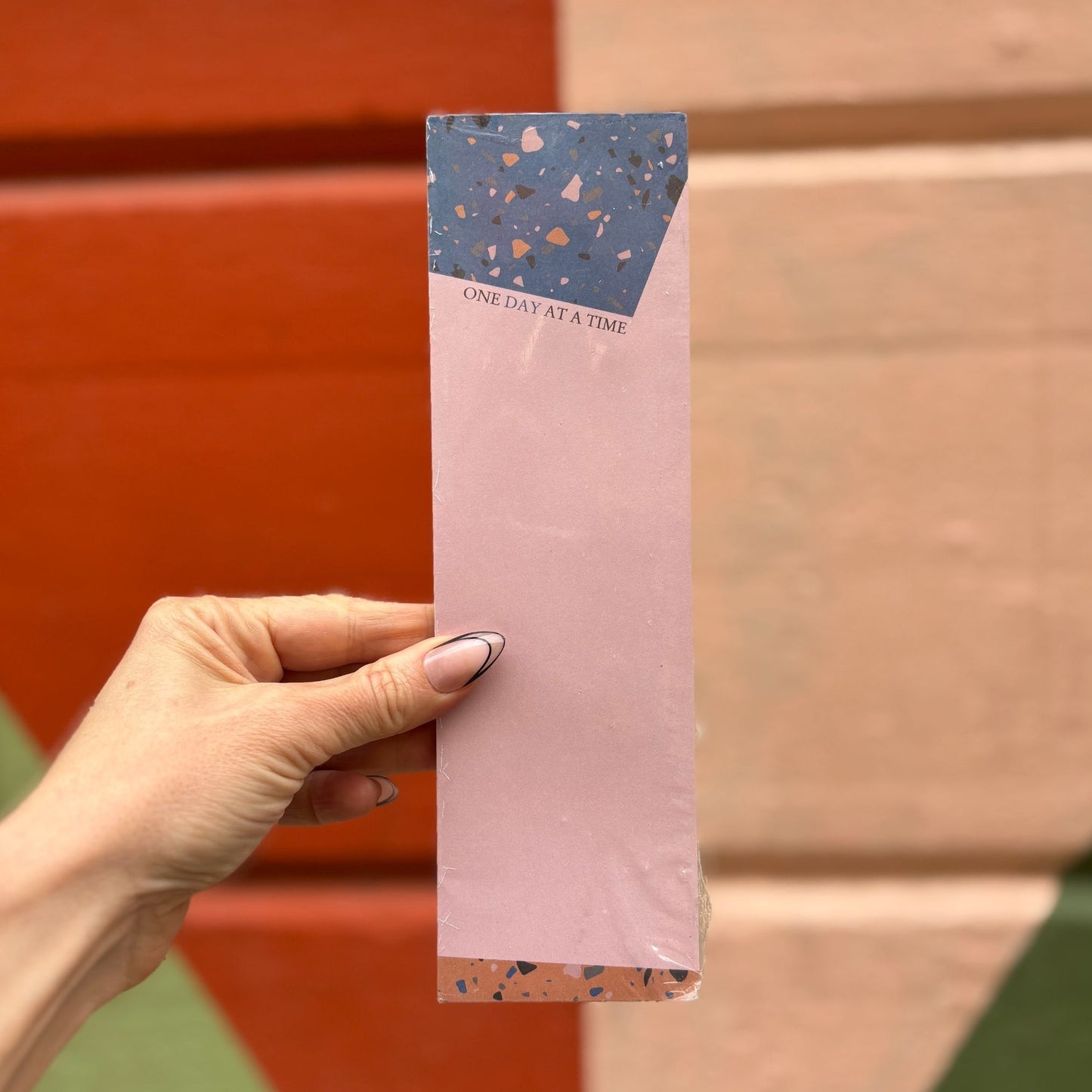 One Day At A Time Magnetic List Notepad in Terrazzo Design | 9.5" x 2.75" | Holds to Fridge with Strong Magnet | 1980s Memphis-Inspired Design