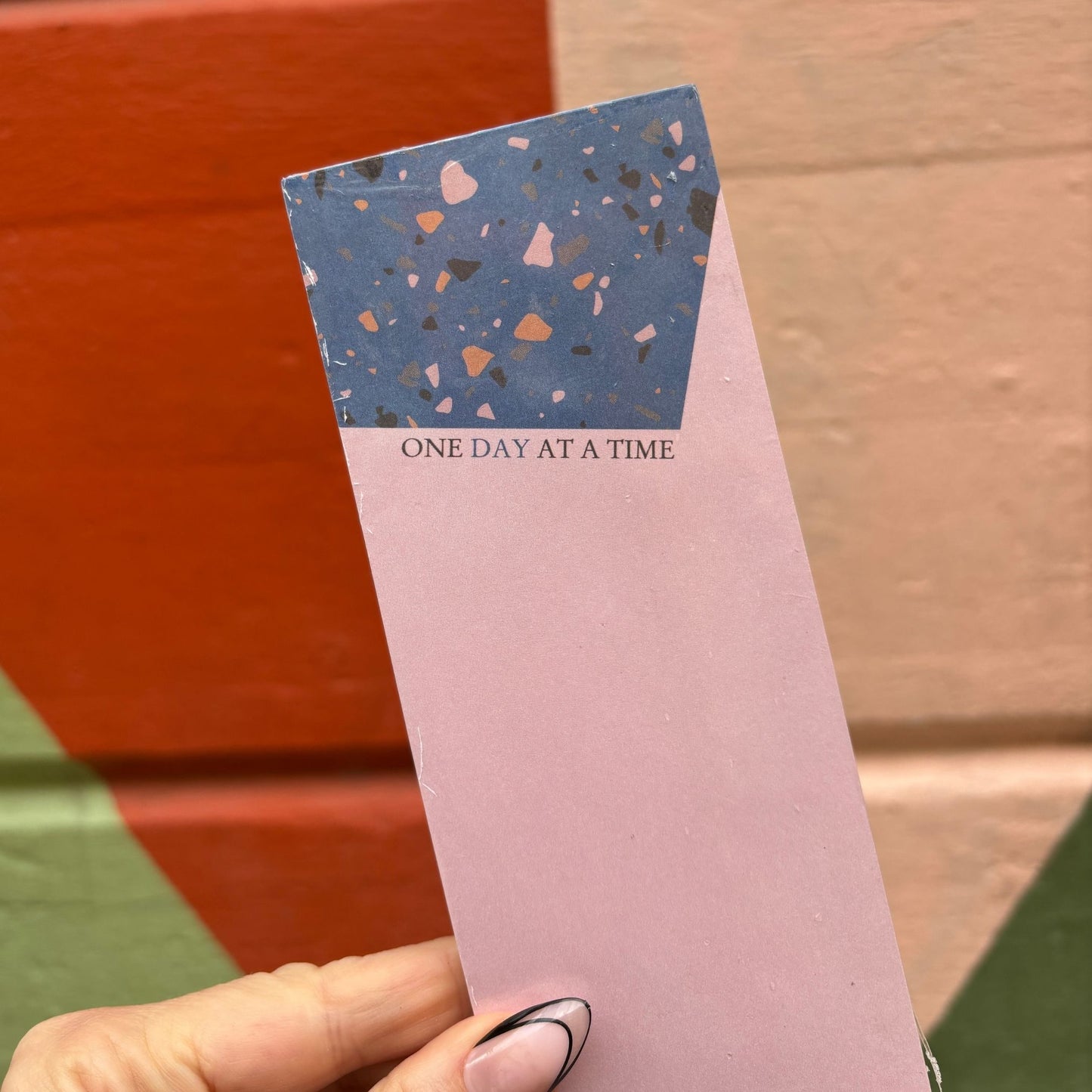 One Day At A Time Magnetic List Notepad in Terrazzo Design | 9.5" x 2.75" | Holds to Fridge with Strong Magnet | 1980s Memphis-Inspired Design