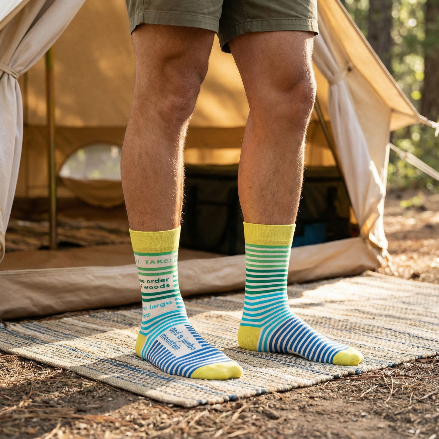 One Order Of Woods, Two Large Lakes, And A Jumbo Mountain Men's Crew Socks in Stripes | BlueQ at GetBullish
