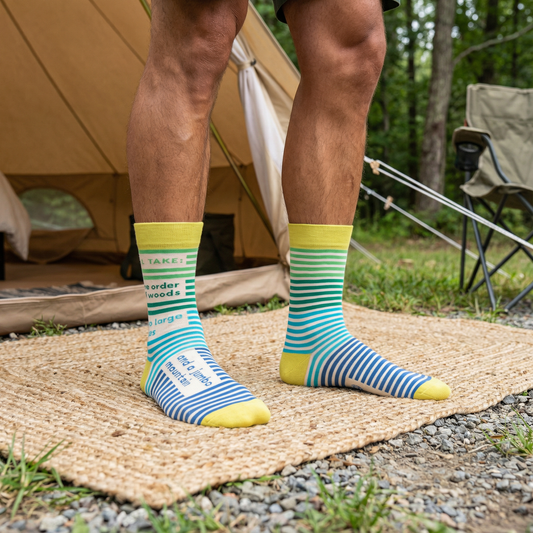 One Order Of Woods, Two Large Lakes, And A Jumbo Mountain Men's Crew Socks in Stripes | BlueQ at GetBullish