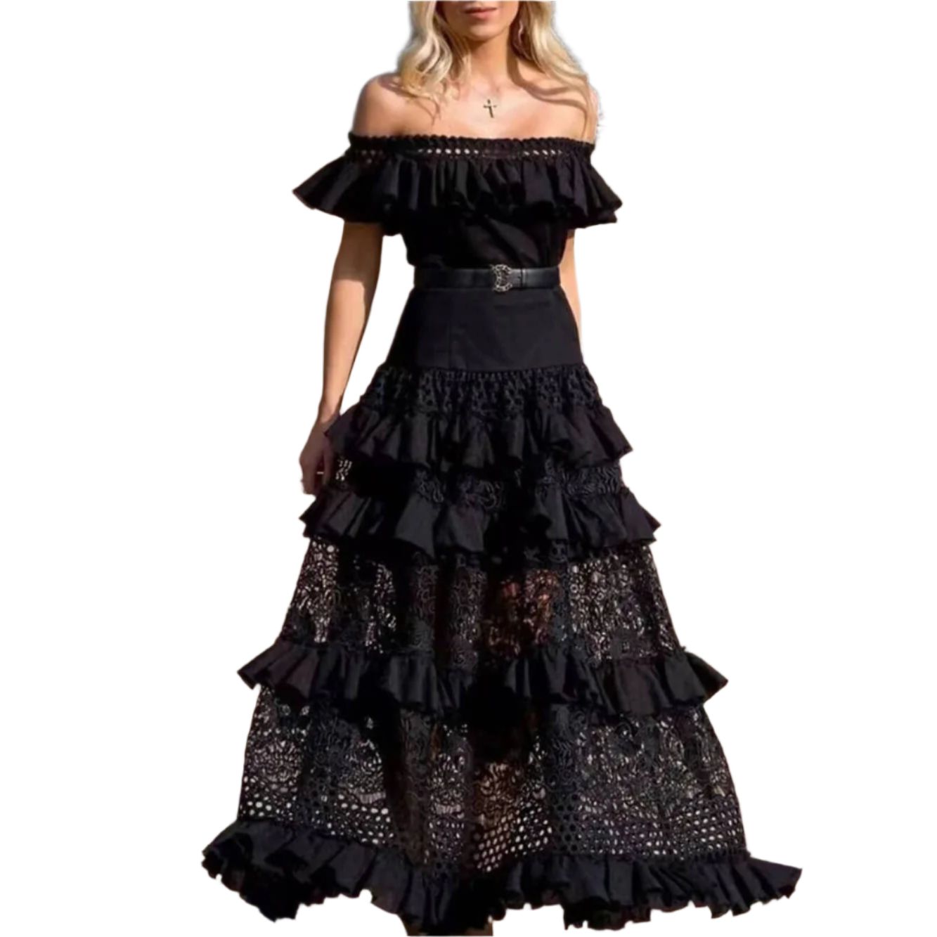 One-Shoulder Ruffled Hollow Swing Lace Patchwork Long Dress in Black or White [Size SM-L]