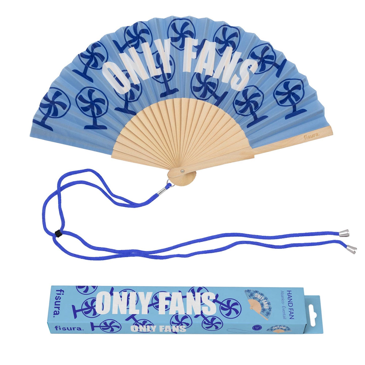 Blue hand fan with 'Only Fans' branding and a matching strap, displayed with packaging.