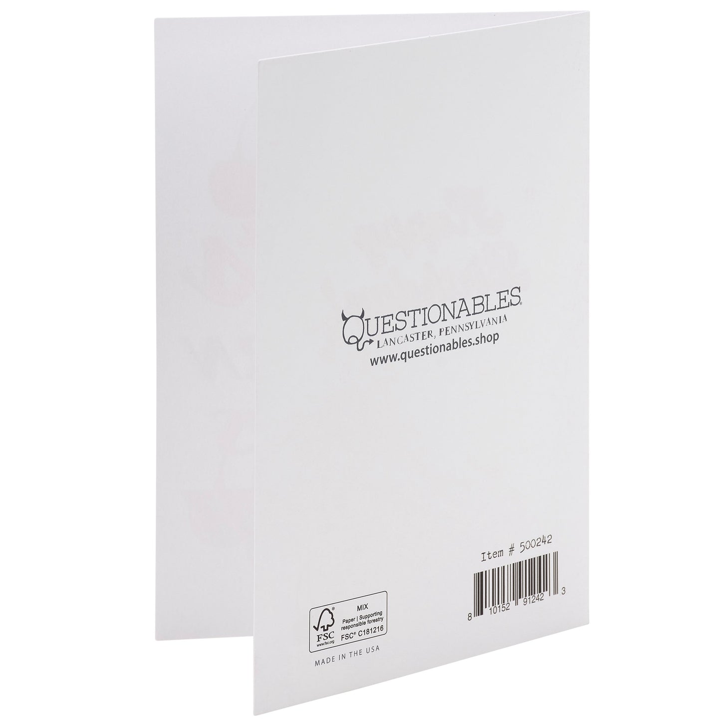 Back view of a greeting card with 'Questionables' branding and product details.