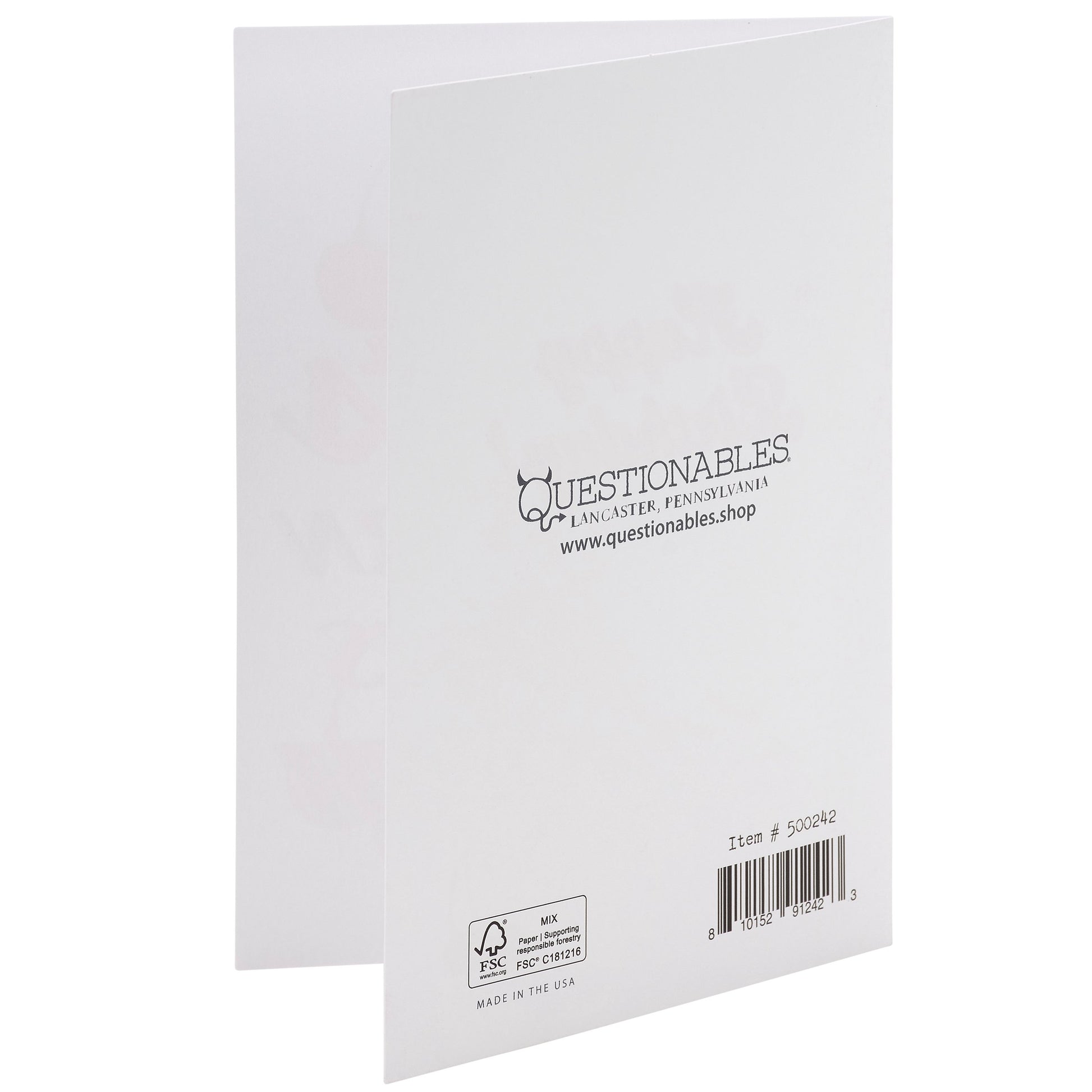 Back view of a greeting card with 'Questionables' branding and product details.