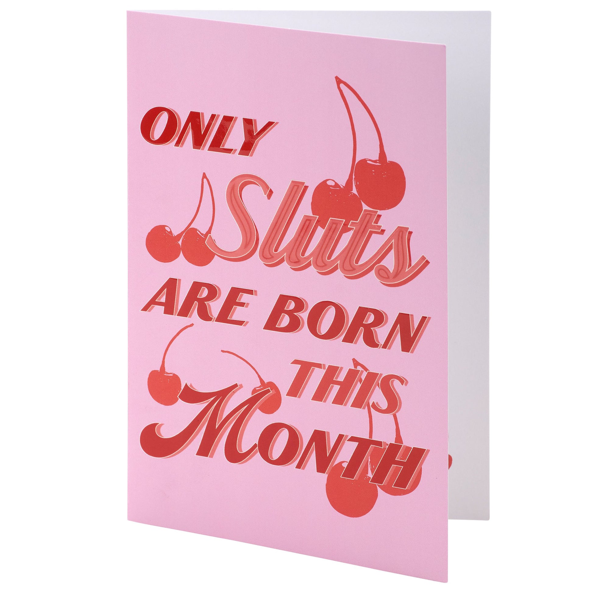 Pink card with red text and cherries on a white background