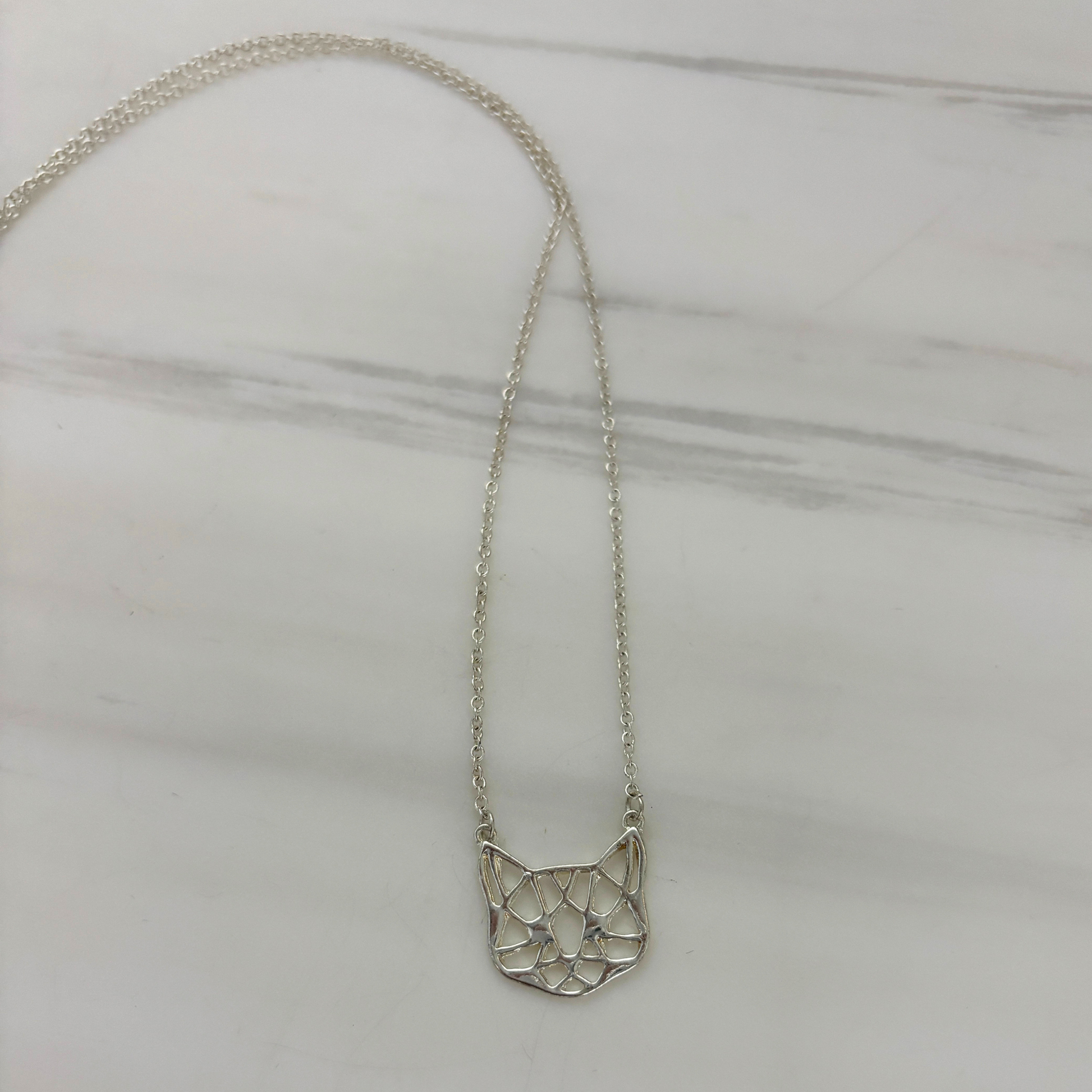Openwork Cat Necklace | Kitty Face Pendant | 20" Chain + Extender | Gold or Silver