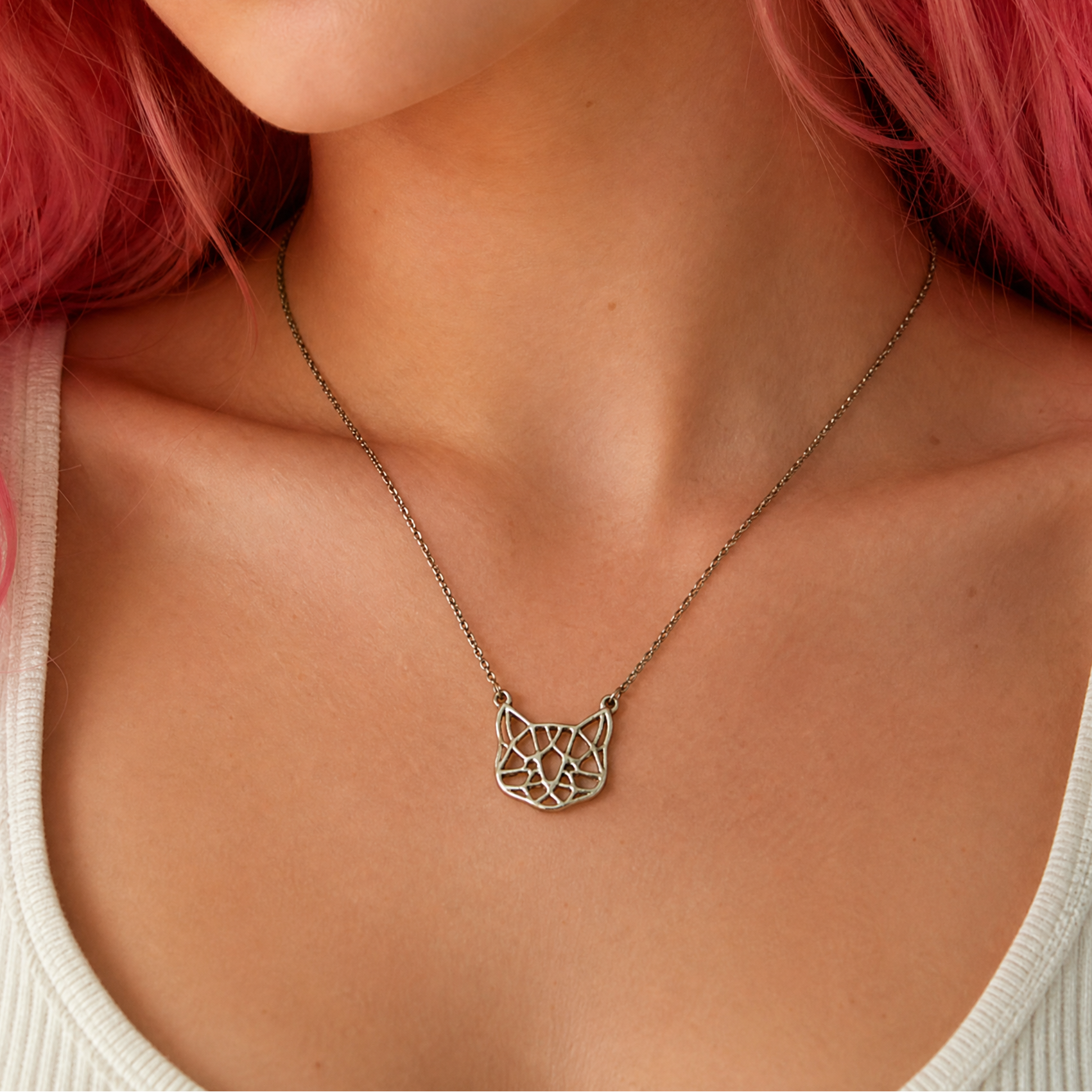 Openwork Cat Necklace | Kitty Face Pendant | 20" Chain + Extender | Gold or Silver