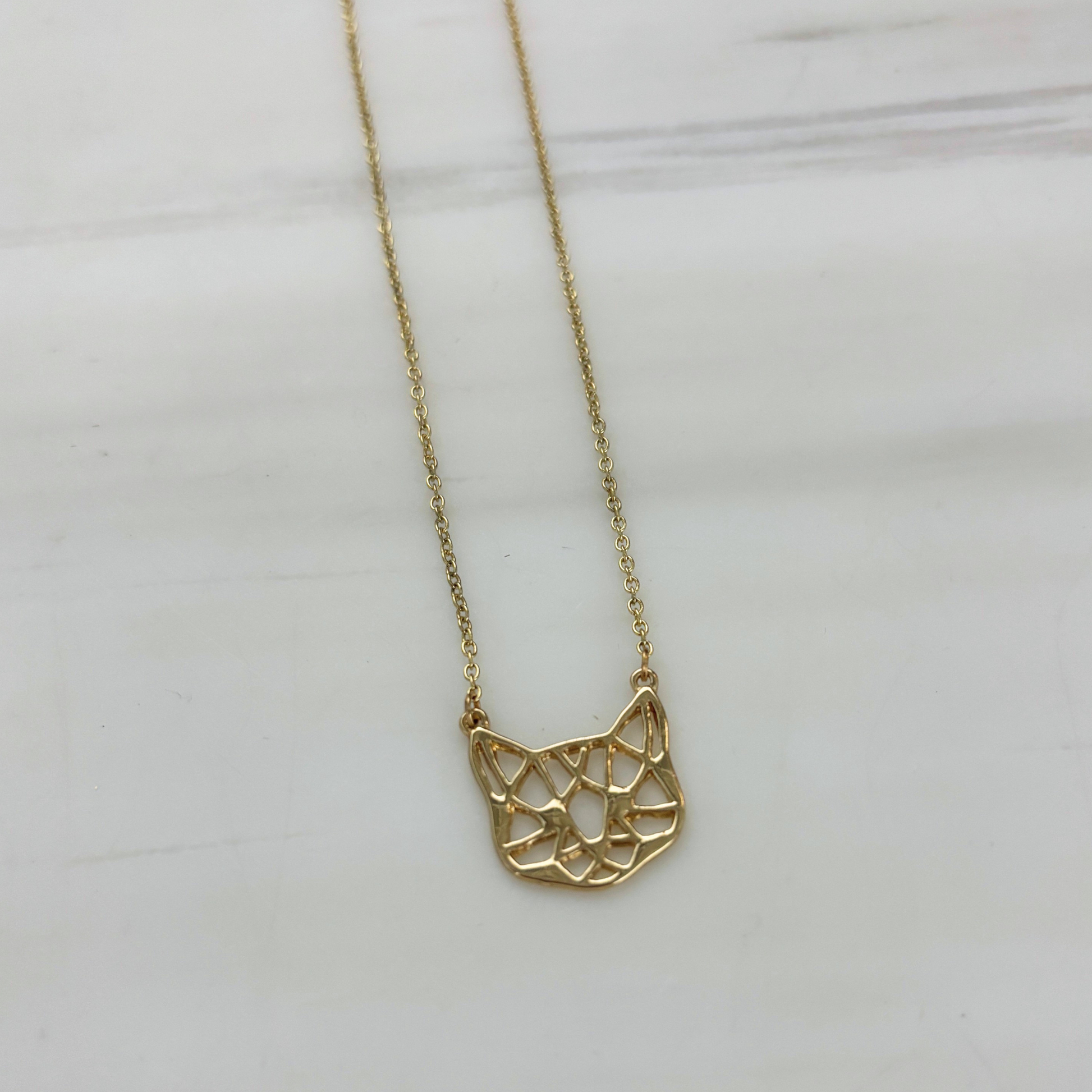 Openwork Cat Necklace | Kitty Face Pendant | 20" Chain + Extender | Gold or Silver