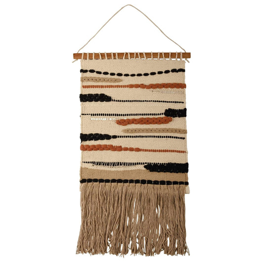 Ophelia Boho Woven Wall Hanging | Cotton Fringe Tapestry with Wooden Rod