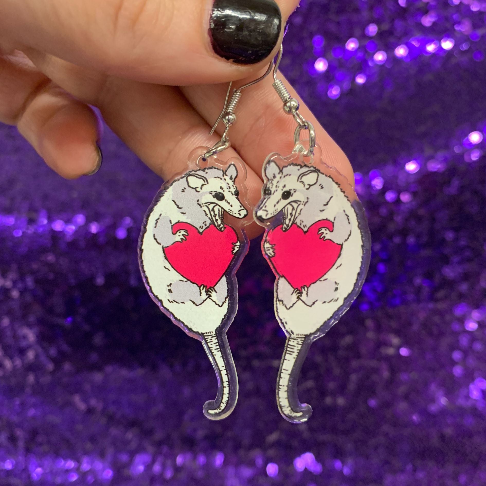 Opossum and Heart Acrylic Earrings