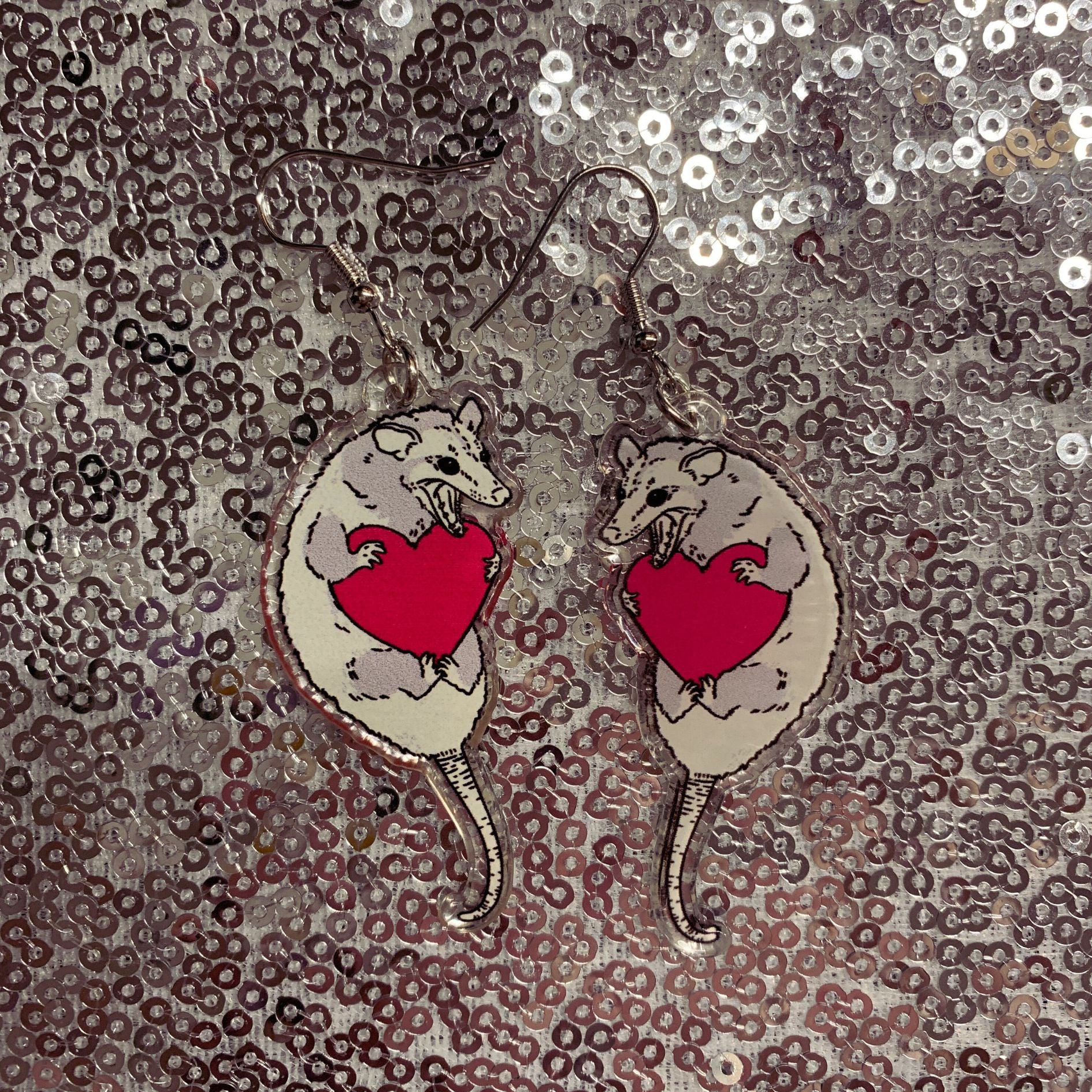 Opossum and Heart Acrylic Earrings