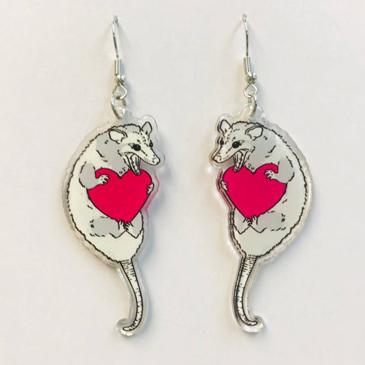 Opossum and Heart Acrylic Earrings