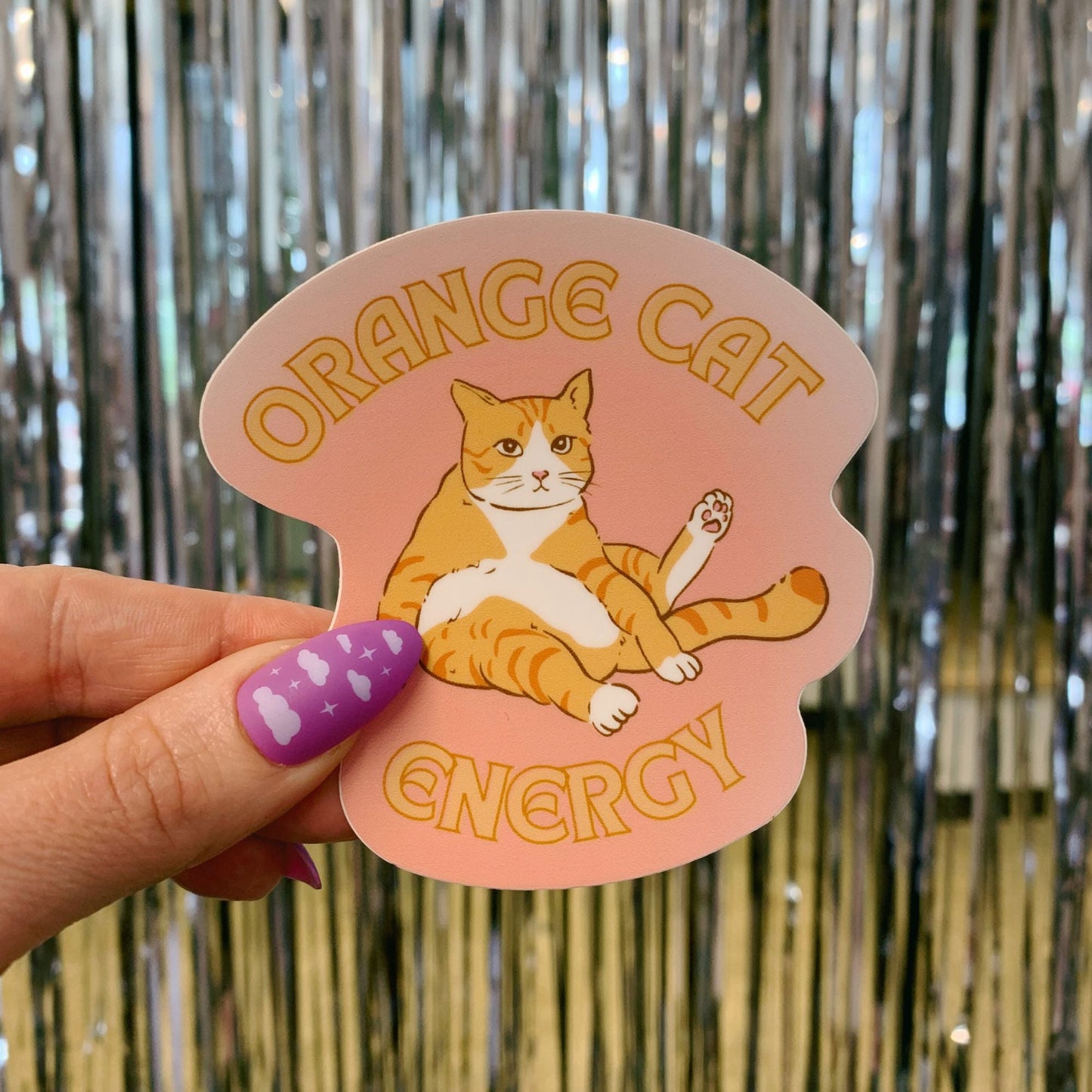 Orange Cat Energy Glossy Die Cut Vinyl Sticker 3.35in x 3.34in
