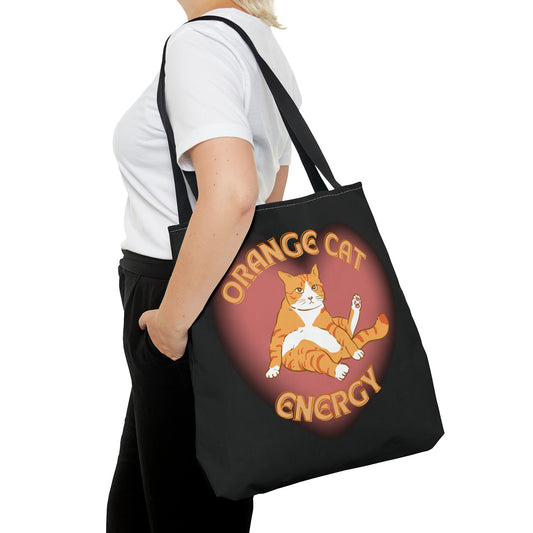 Orange Cat Energy Tote Bag in Black | 18" x 18"