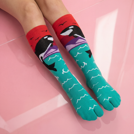 Orca Whale Split Toe Tabi Socks | Over the Calf Big Toe Flip Flop Socks | Ocean Sunset Novelty Socks