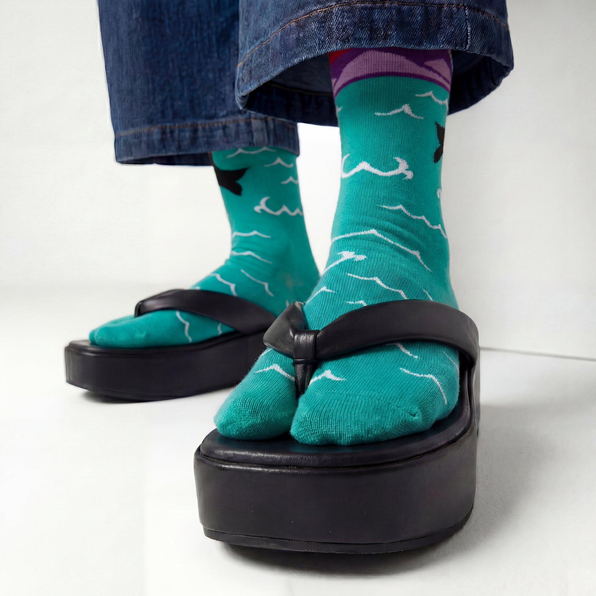 Orca Whale Split Toe Tabi Socks | Over the Calf Big Toe Flip Flop Socks | Ocean Sunset Novelty Socks