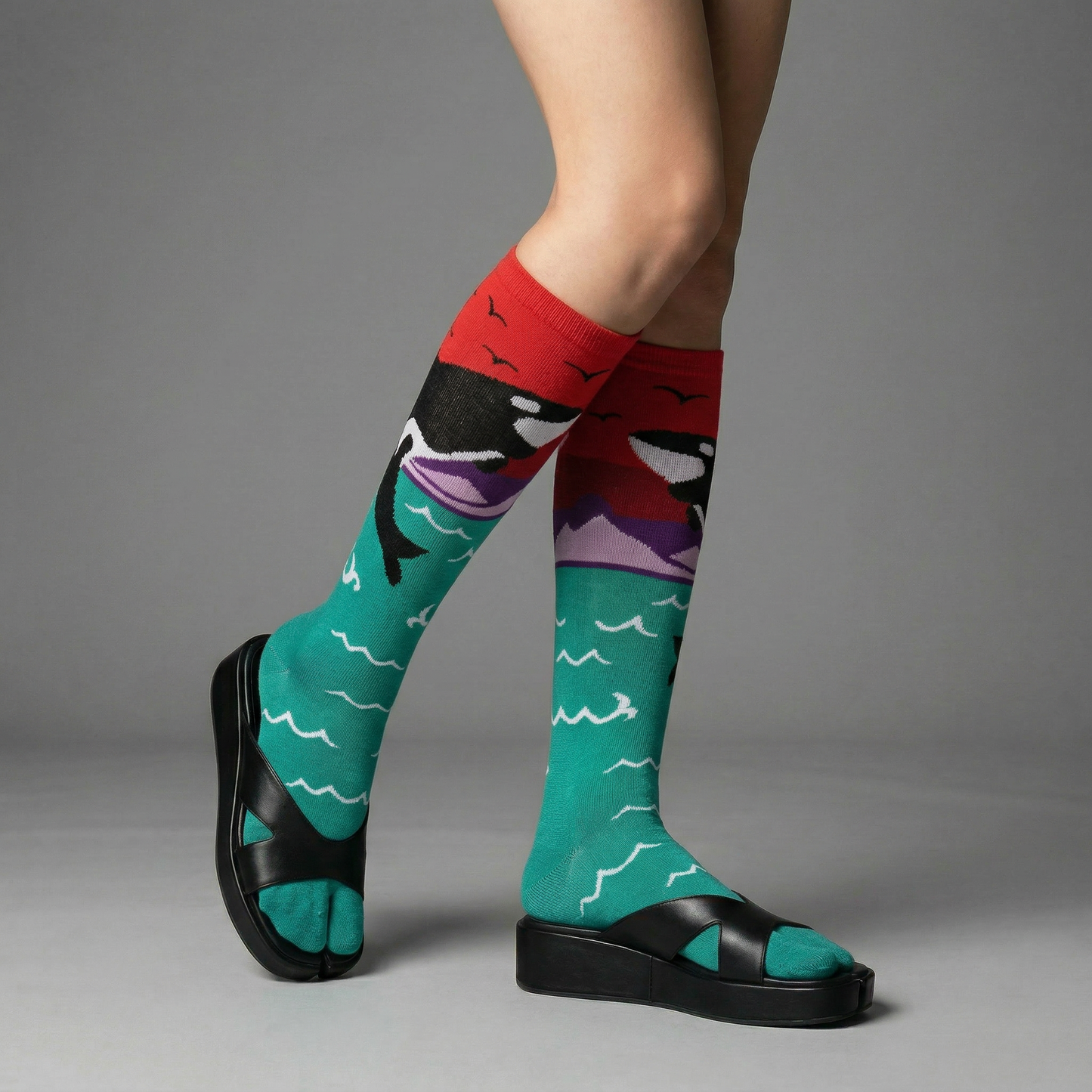 Orca Whale Split Toe Tabi Socks | Over the Calf Big Toe Flip Flop Socks | Ocean Sunset Novelty Socks