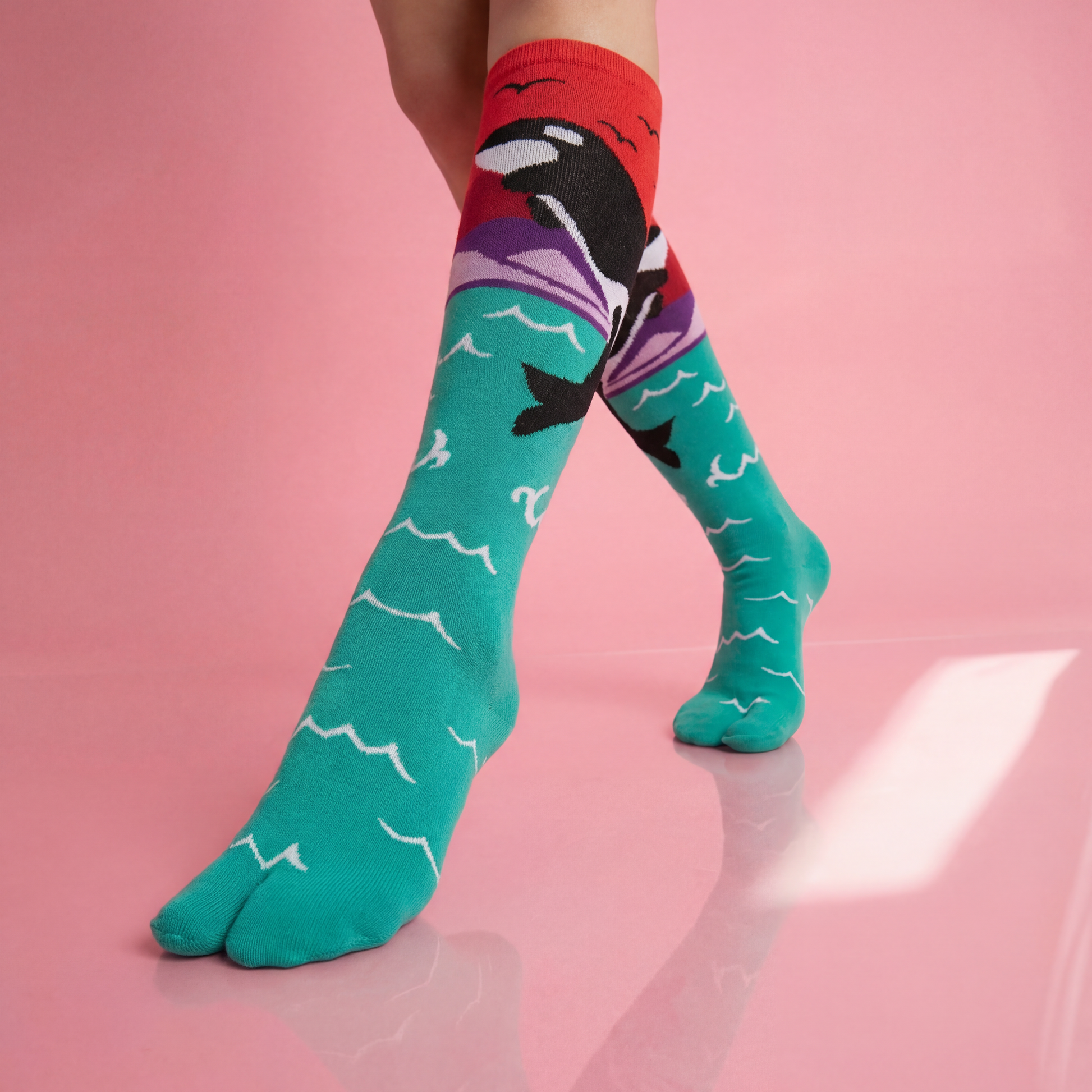 Orca Whale Split Toe Tabi Socks | Over the Calf Big Toe Flip Flop Socks | Ocean Sunset Novelty Socks