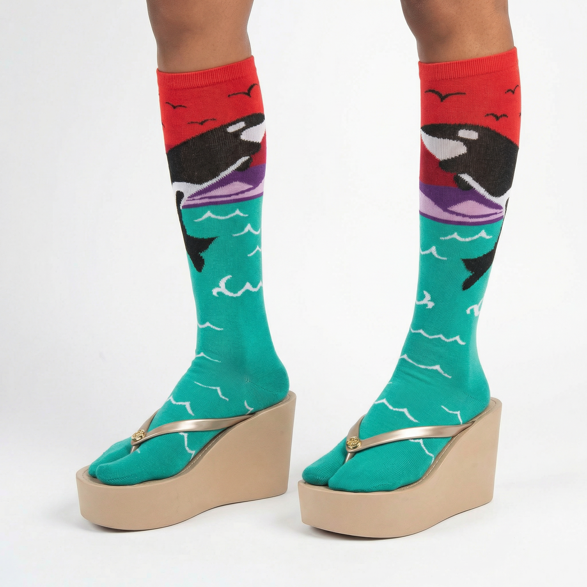 Orca Whale Split Toe Tabi Socks | Over the Calf Big Toe Flip Flop Socks | Ocean Sunset Novelty Socks