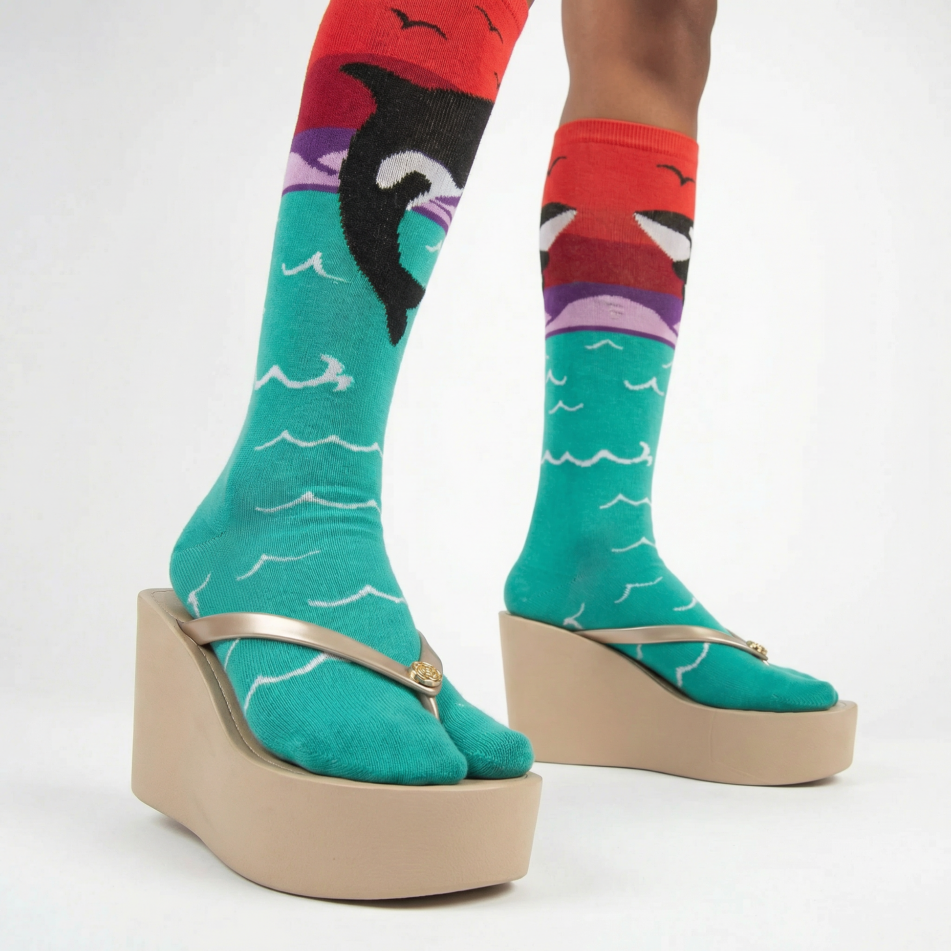 Orca Whale Split Toe Tabi Socks | Over the Calf Big Toe Flip Flop Socks | Ocean Sunset Novelty Socks