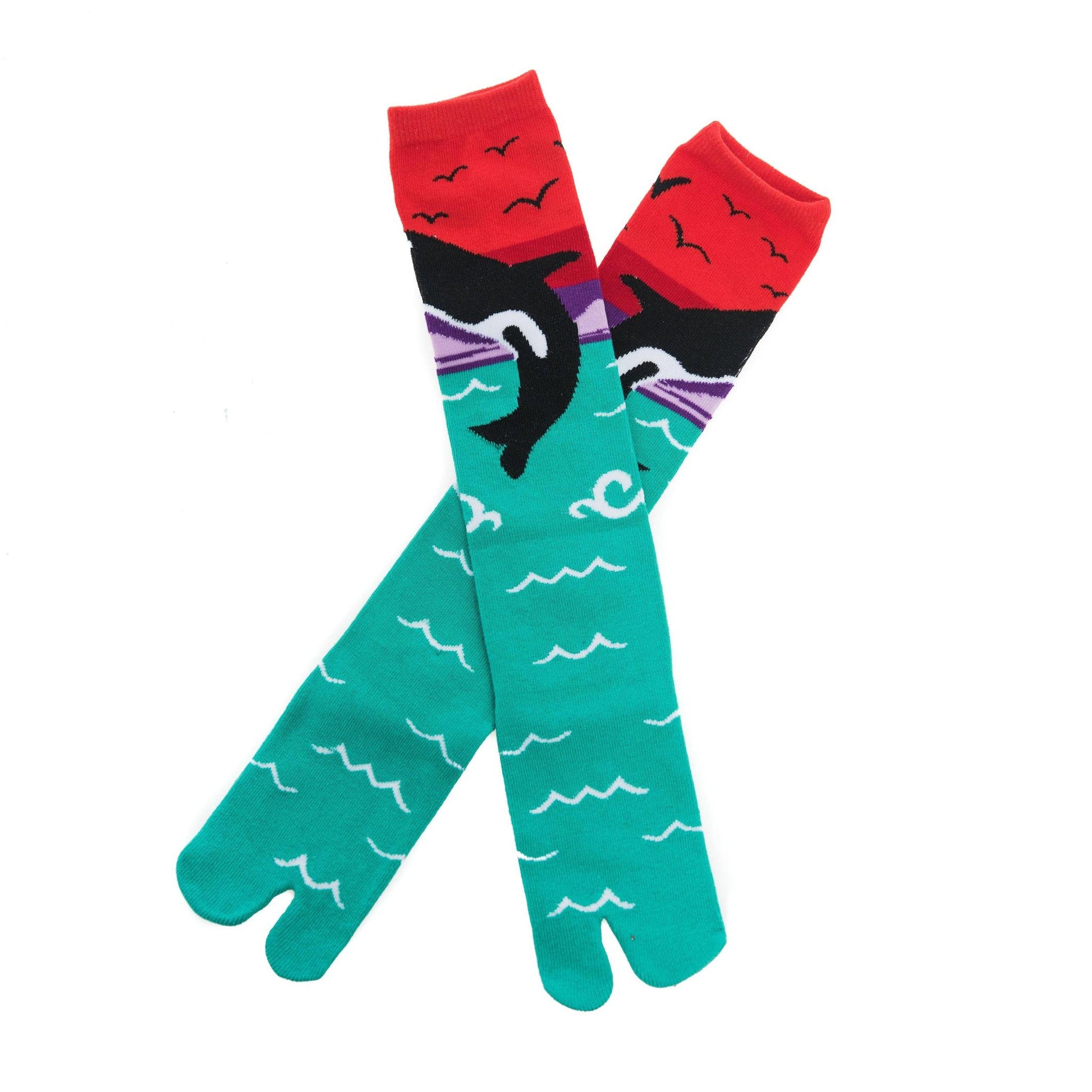 Orca Whale Split Toe Tabi Socks | Over the Calf Big Toe Flip Flop Socks | Ocean Sunset Novelty Socks
