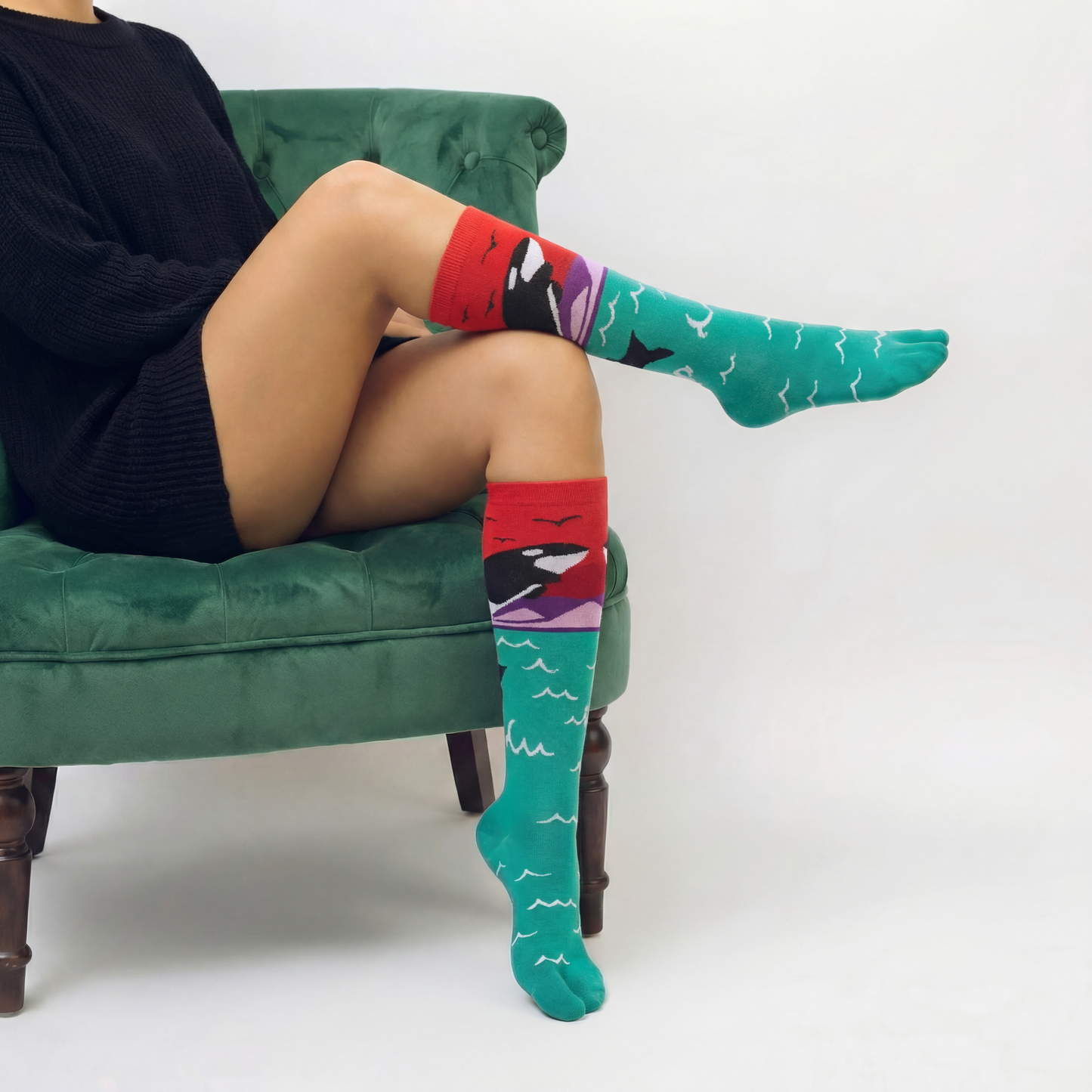 Orca Whale Split Toe Tabi Socks | Over the Calf Big Toe Flip Flop Socks | Ocean Sunset Novelty Socks