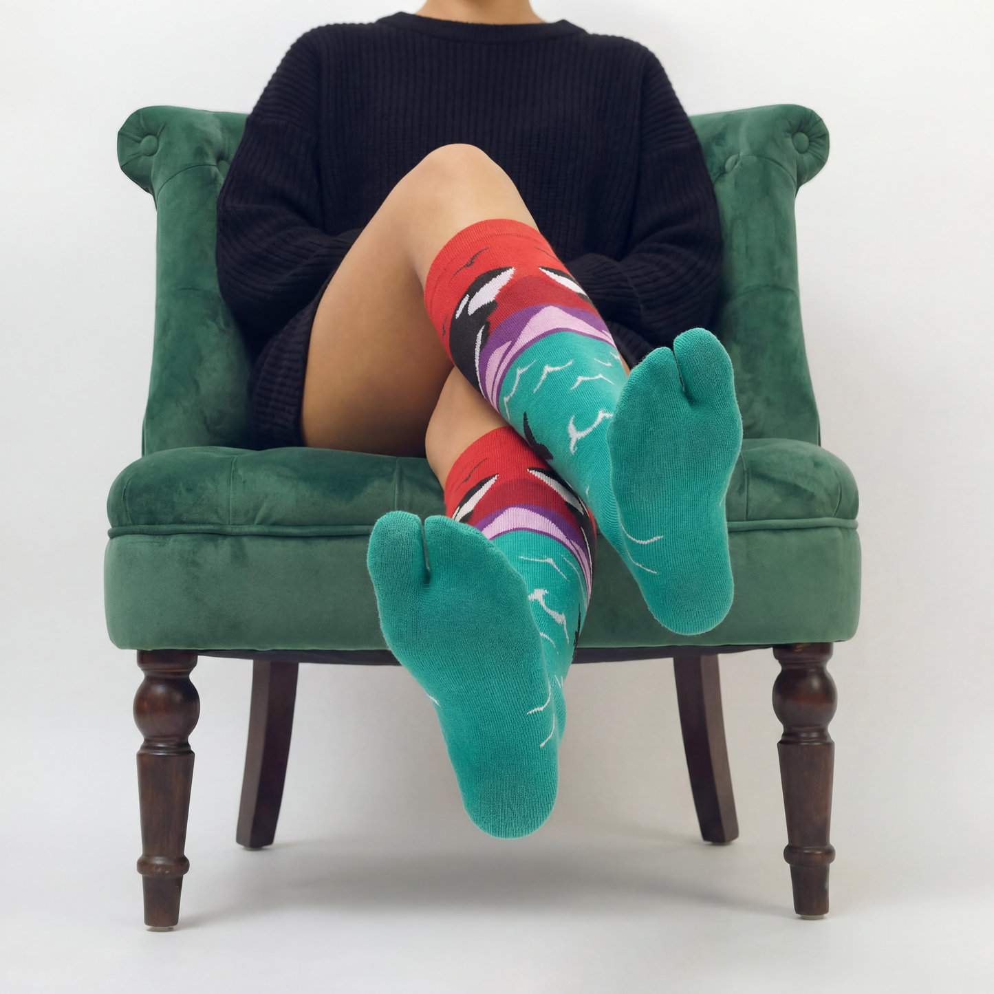 Orca Whale Split Toe Tabi Socks | Over the Calf Big Toe Flip Flop Socks | Ocean Sunset Novelty Socks