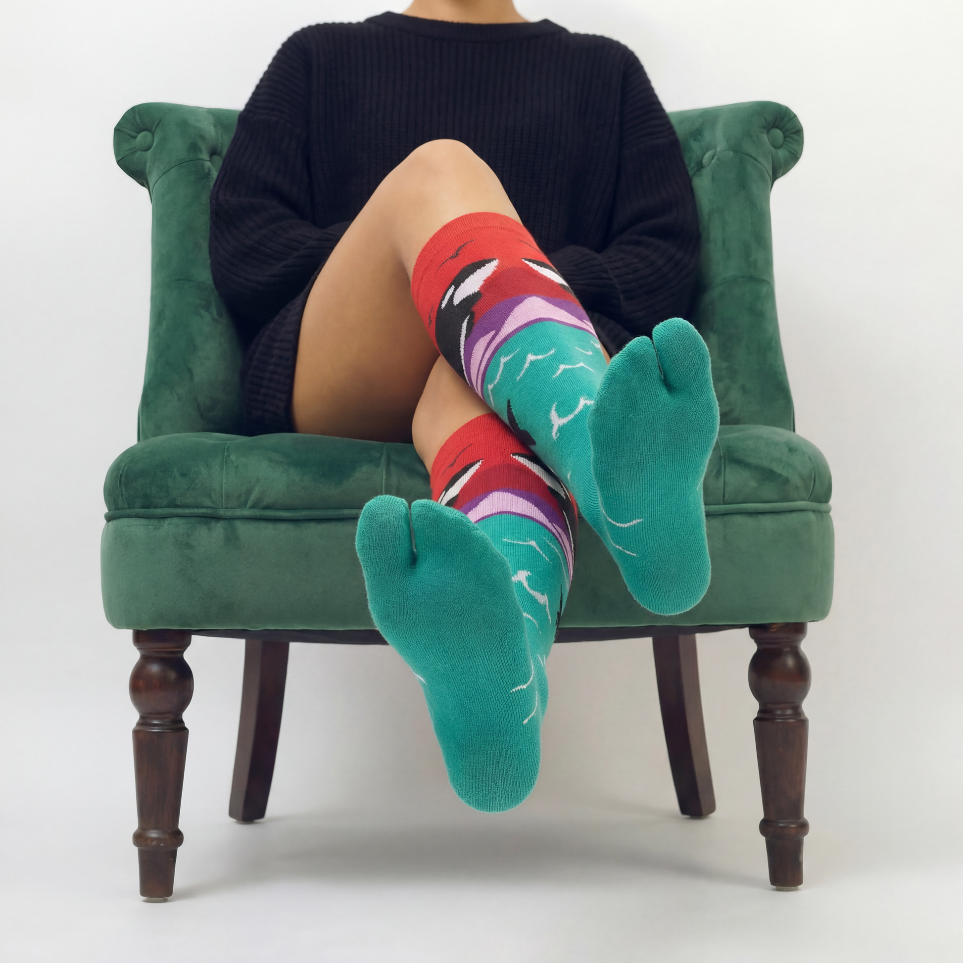 Orca Whale Split Toe Tabi Socks | Over the Calf Big Toe Flip Flop Socks | Ocean Sunset Novelty Socks