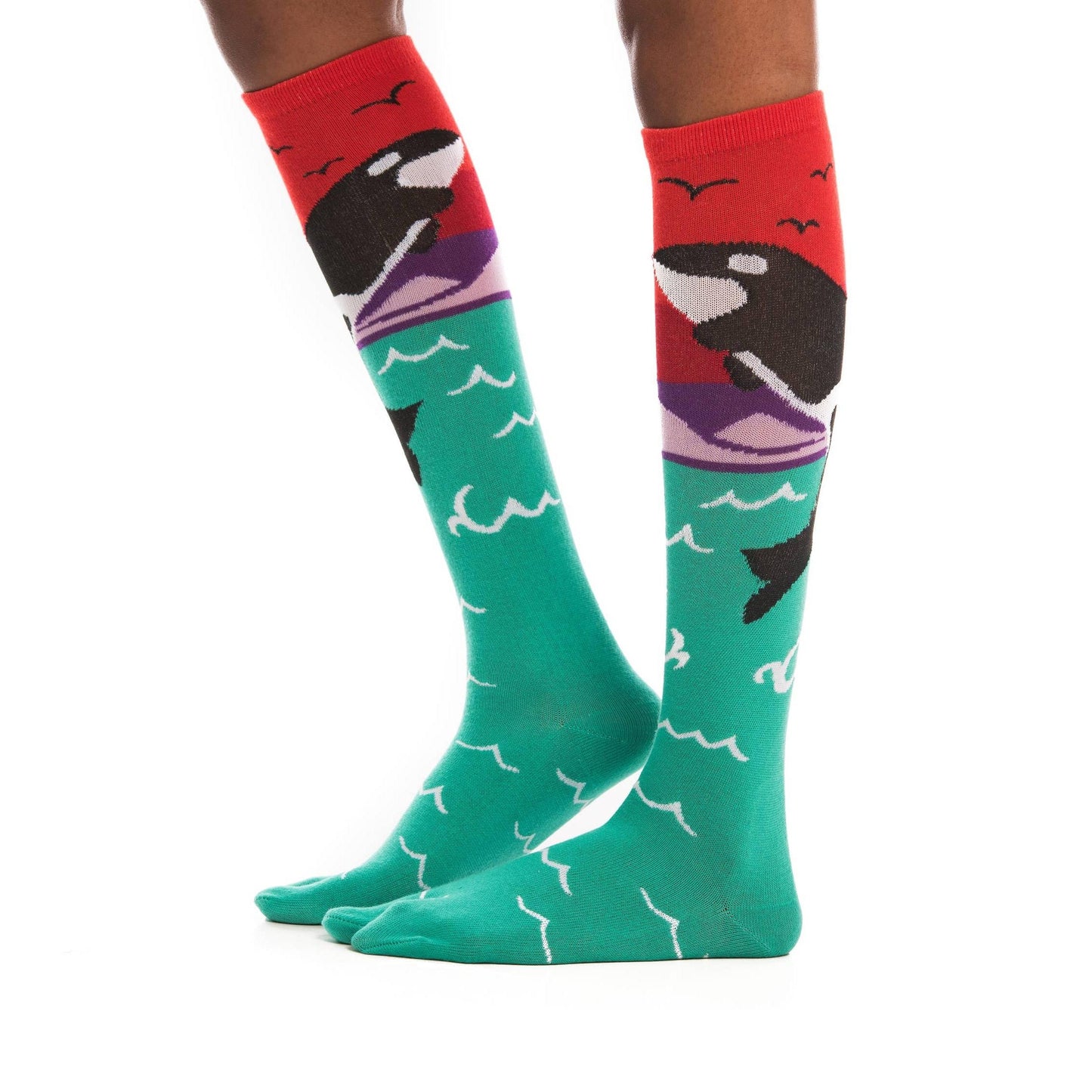 Orca Whale Split Toe Tabi Socks | Over the Calf Big Toe Flip Flop Socks | Ocean Sunset Novelty Socks