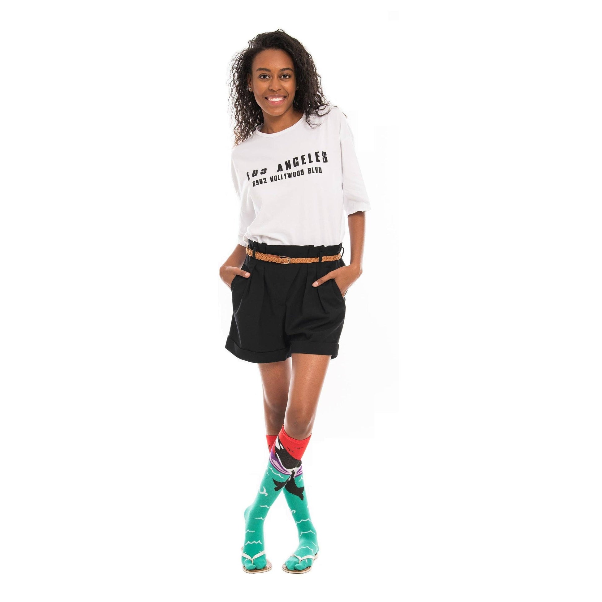 Orca Whale Split Toe Tabi Socks | Over the Calf Big Toe Flip Flop Socks | Ocean Sunset Novelty Socks