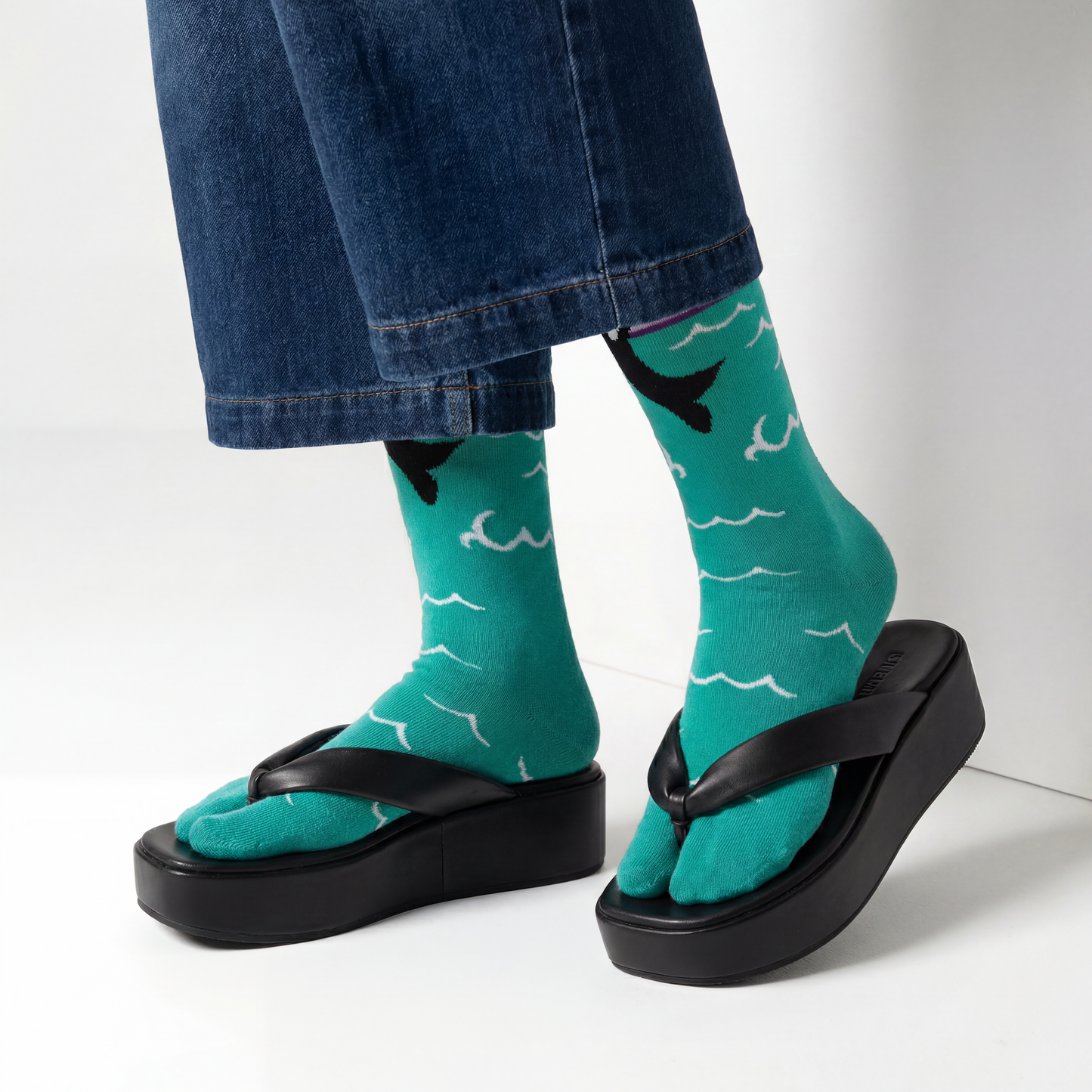 Orca Whale Split Toe Tabi Socks | Over the Calf Big Toe Flip Flop Socks | Ocean Sunset Novelty Socks