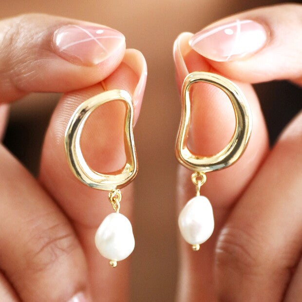 Organic Circle Pearl Drop Earrings in Gold | Designed in the UK | Gold Plated Brass