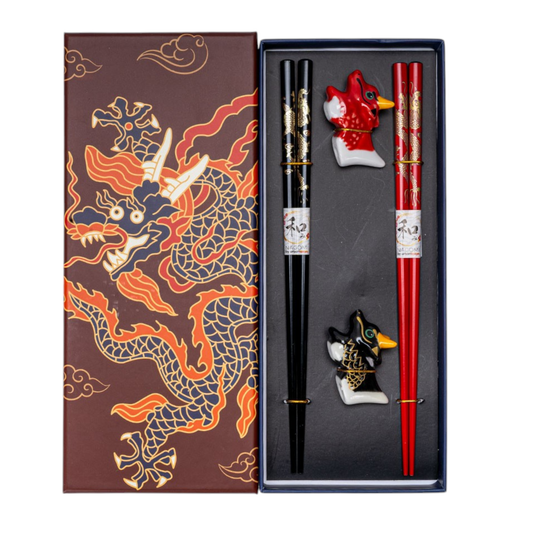 Oriental Dragon Chopsticks Gift Set | 2 Pairs Bamboo Chopsticks with Ceramic Rests | Gift Box Packaging