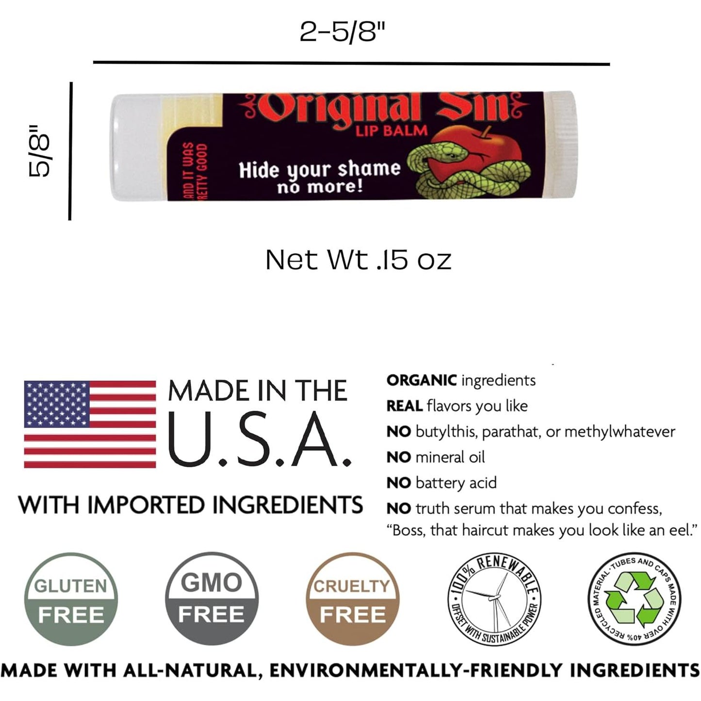 Original Sin Lip Balm in Apple Flavor  | Lip Gloss Moisturizer | 15oz